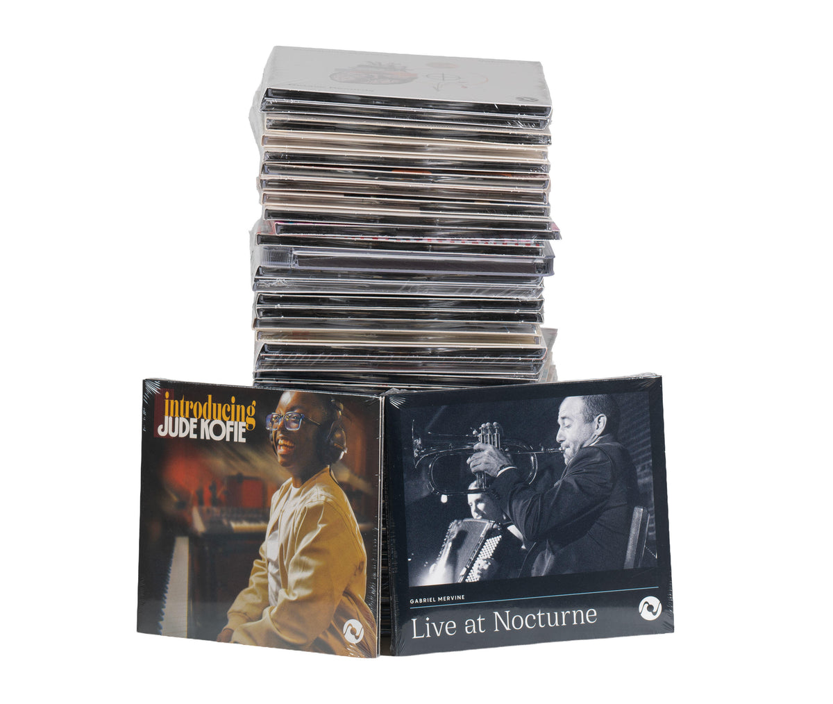Octave Records: The Collection, a stack of 30 albums with Introducing Jude Kofie and Live at Nocturne in front