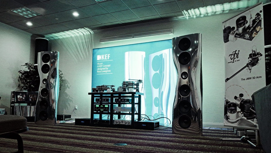 The huge KEF Muons, looking as though they just arrived from outer space, shone in a system with VPI's new statement turntable, Titan.