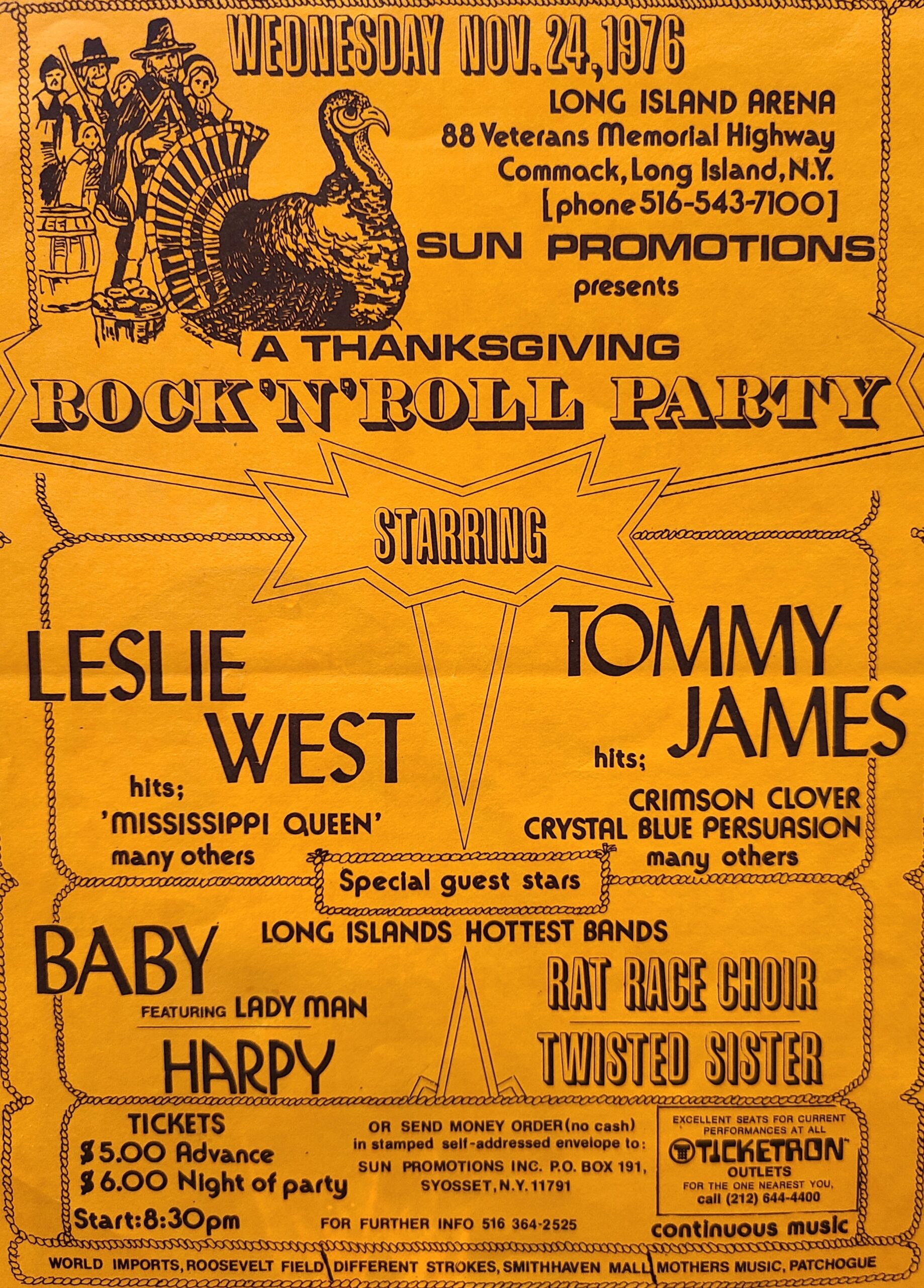 Concert poster for Leslie West, Twisted Sister and others at the Long Island Arena, November 24, 1976.