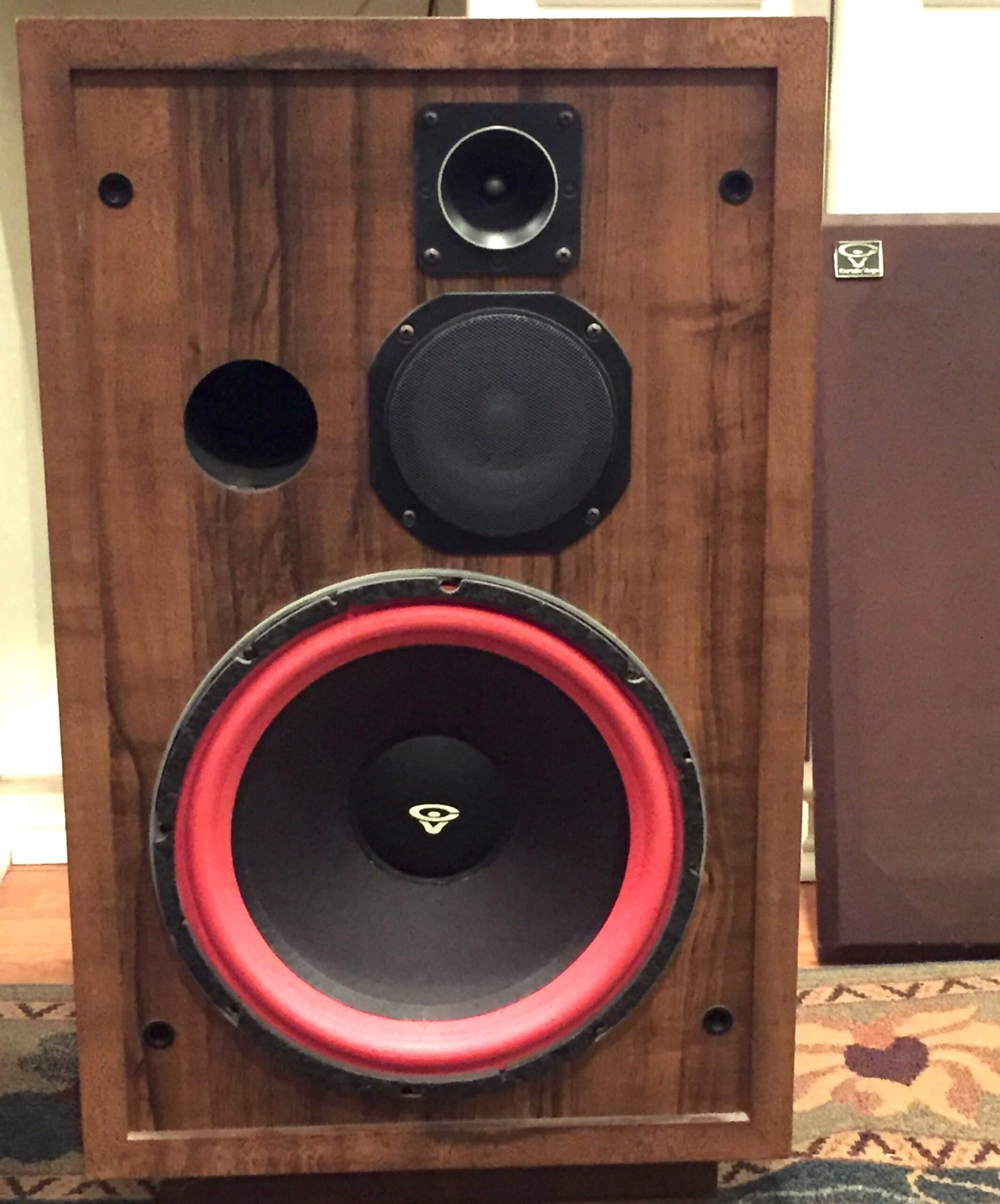 Vintage Cerwin-Vega D-5 speakers with that familiar red woofer surround. These have front ports though!