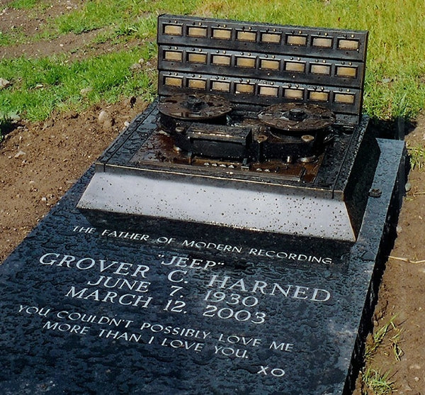 A most appropriate tombstone for Jeep Harned, with an MCI multitrack tape machine on top! From the Museum of Magnetic Sound Recording website. If anyone knows who took the photo, please let us know and we’ll add a photo credit.