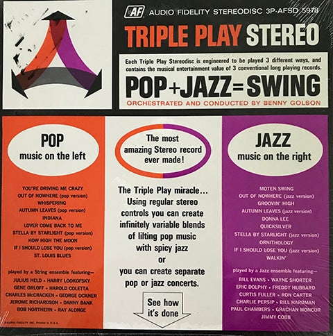 A sealed copy of Triple Play Stereo, 1962. The left channel has pop music on it and the right channel has jazz. By adjusting your balance control you can blend the two in any combination. This has heavyweights like Freddie Hubbard, Bill Evans, Eric Dolphy, Ron Carter, Jimmy Cobb and others playing on it.