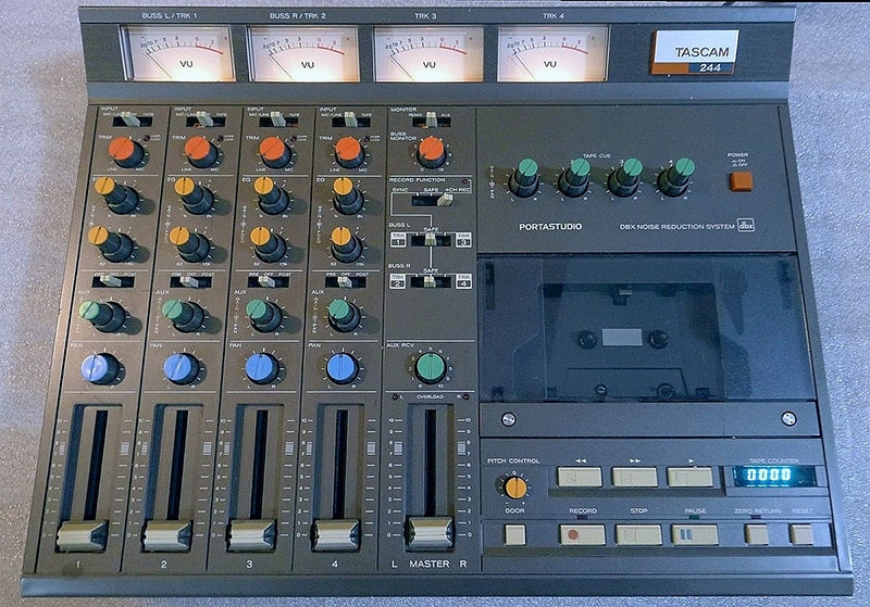 Tascam Portastudio 244. Many budding musicians and recordists got their start on this machine. Courtesy of Wikimedia Commons/CountrySkyStudio.