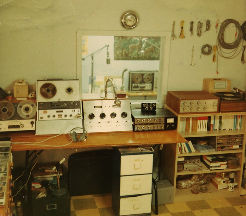 Highland Sound Company studio, control room built into Martin’s parents’ home. Some of the equipment pictured: Sony TC-600 tape recorder with Sony TC-263D for duplication; home-built mixer; Bogen MXM-A mixer with remote; Eico 2080 amplifier; Garrard Lab 80 turntable.