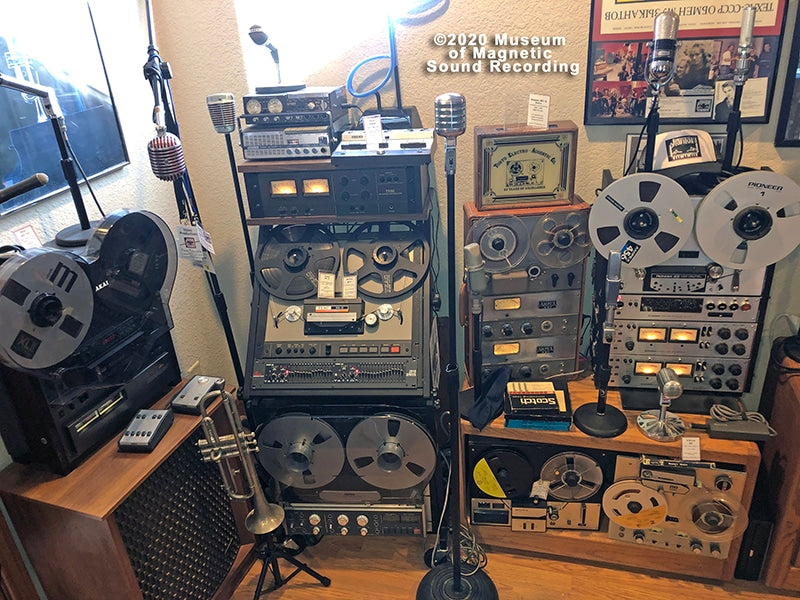 All these recorders are working and are integrated into the Museum's studio sound system. Akai GX-747 (one of the last Akai reel to reel recorders) sitting on an Altec Seville speaker; two Uher 4400 and 4000L battery-powered portable tape recorders; Teac/TASCAM 35-2 half-track mastering deck; Revox B-77; Ampex 601-2; Pioneer RT-2044 four track/four channel modular tape recorder (the deck and each amp have separate cases). Below the Pioneer are Sony TC-350 and Viking 86 machines.