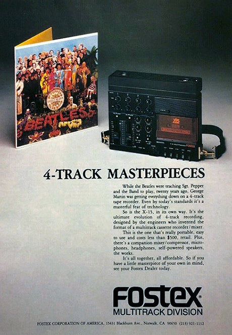 Fostex ad featuring the X-15 cassette multitrack recorder.