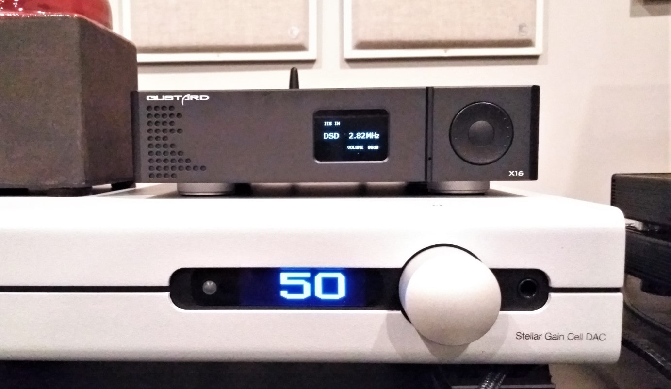 The X16 is compact alongside the standard-rack-width PS Audio Stellar Gain Cell DAC/preamp.
