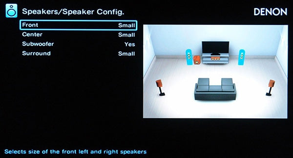 A Denon A/V receiver setup menu with speakers set to "small" and the subwoofer output enabled.