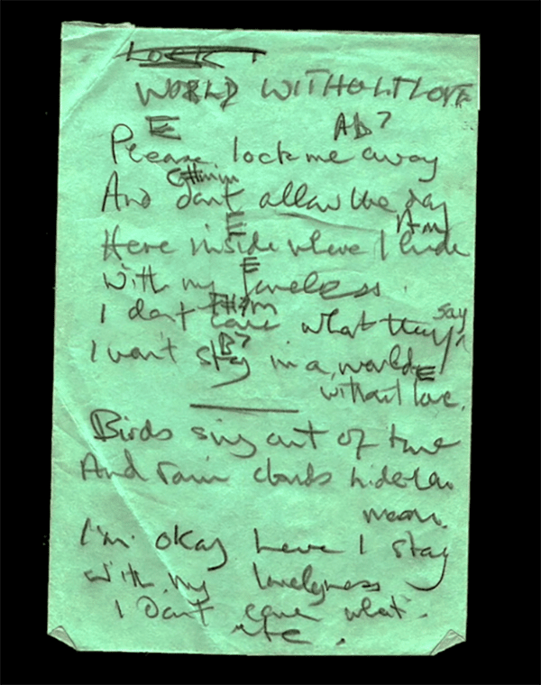 Paul McCartney's handwritten lyrics for “A World Without Love.”