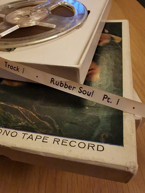 An original EMI open-reel tape of the Beatles' Rubber Soul showing the pre-printed leader.