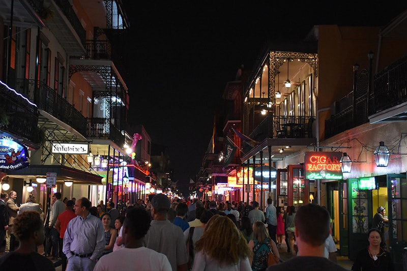 Bourbon Street, New Orleans, Louisiana, at night. Courtesy of Wikimedia Commons/MusikAnimal.