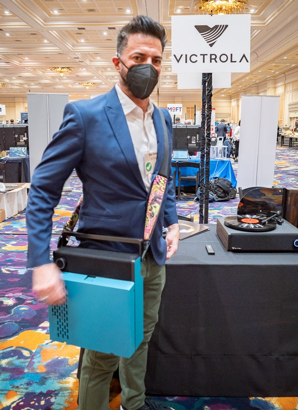 Who says vinyl isn’t portable? Don Inmon of Victrola with the Revolution GO portable rechargeable turntable.