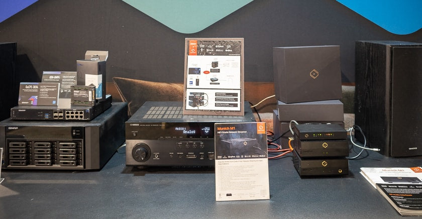 A Munich M1 network music streamer setup from Silent Angel, hidden away in the QNAP booth in the Venetian Convention & Expo Center (formerly the Sands Expo and Convention Center).