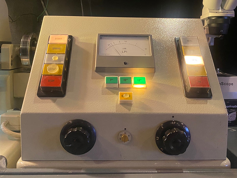 The pitch box of a Neumann VMS-70 lathe, with illuminated buttons and knobs controlling the cutting parameters. Courtesy of Greg Reierson of Rare Form Mastering in Minneapolis, Minnesota.