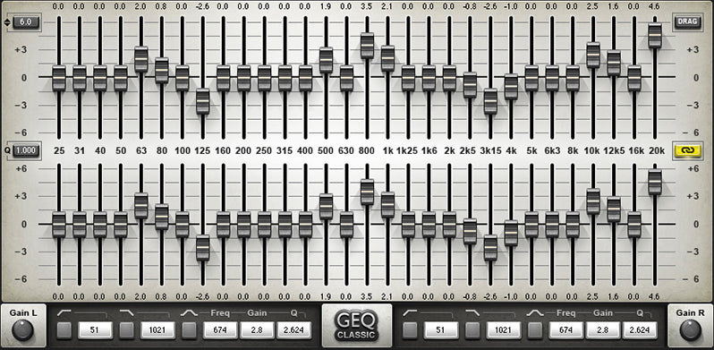 Waves Audio GEQ Graphic Equalizer software clearly showing the visual nature of the position of the EQ controls. From the Waves Audio website.
