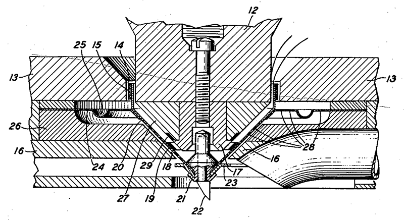 A drawing of the internal construction of Vieth and Wiebusch, from their patent, Vieth et. al Vibratory System, June 6, 1939. 