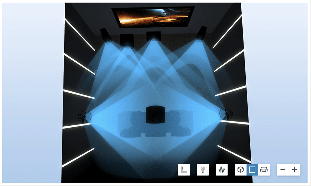 Home Theater Designer software showing speaker dispersion, top view.