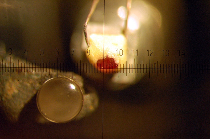 Microphotograph of the cutting stylus (red ruby) and advance ball (clear sapphire) on the underside of a Westrex 2B cutter head, repaired and modified by the author to accept a more obtainable type of cutting stylus. Courtesy of Agnew Analog Reference Instruments.