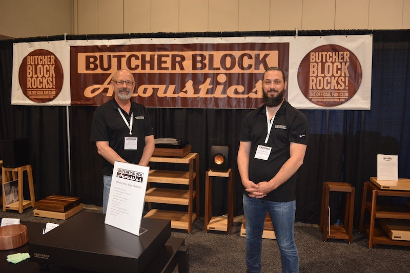 For those who like an old-school look, Butcher Block Acoustics offered a number of wood stands and racks, yet with modern-day isolation technology. Jim and Jim Ryan Whithorne show off their wares.