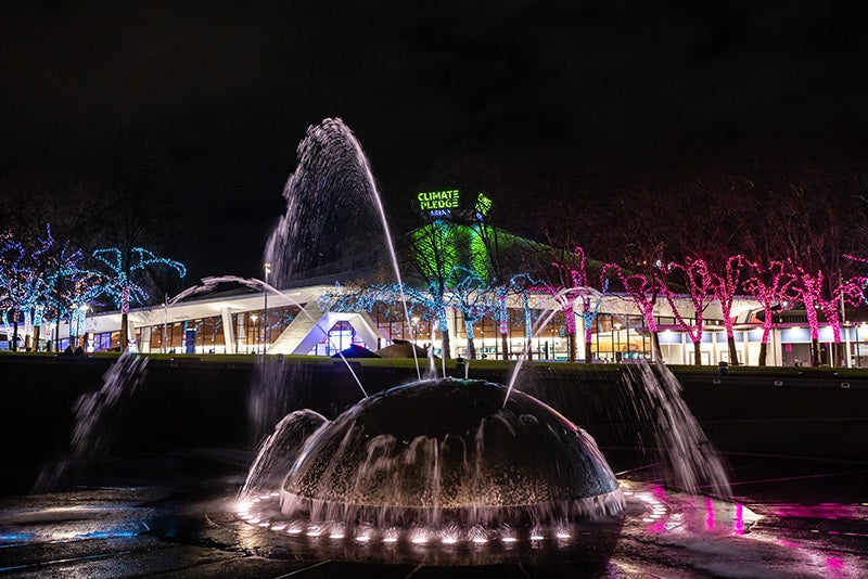 Holiday lights outside Climate Pledge Arena, December 2021. Courtesy of David Conger/Climate Pledge Arena.