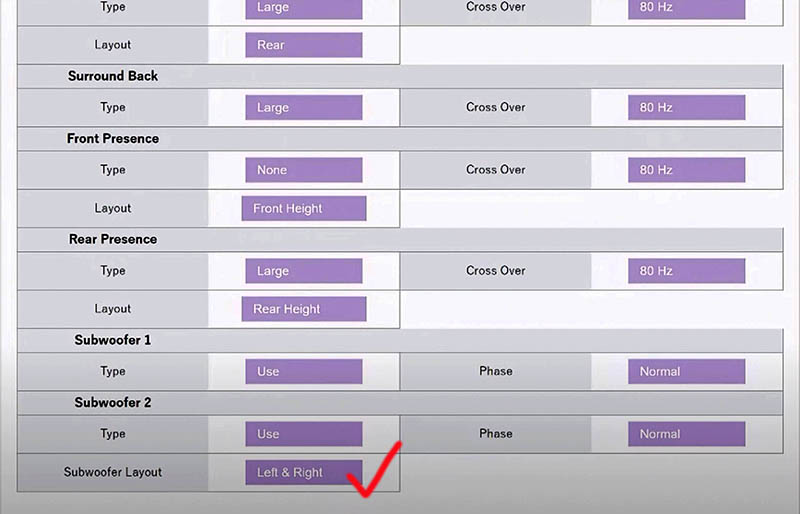 Yamaha Web Editor SetUp, screen shot of speaker setup and bass management menu.