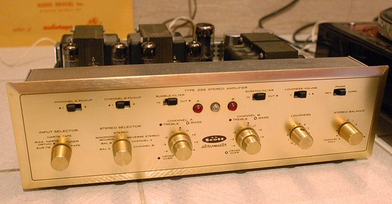 An H.H. Scott Type 299 vacuum-tube amplifier, manufactured in 1958 in Maynard, Massachusetts. It was designed by Daniel von Recklinghausen, an MIT graduate who had been employed by H.H. Scott since 1951. The Type 299 was covered in detail in Issues 127and 128. Courtesy of Agnew Analog Reference Instruments.