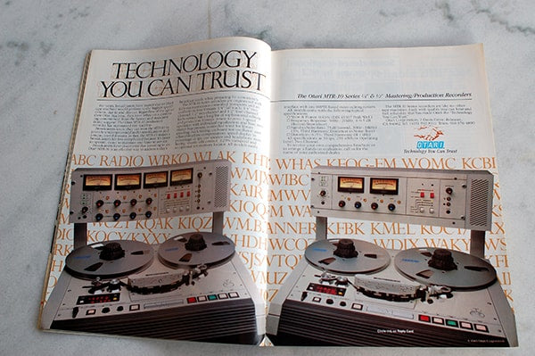 A two-page Otari ad, appearing in the May 1983 issue of Broadcast Engineering, extolling the virtues of the MTR-10 tape machines in 1/4-inch and 1/2-inch configurations for broadcasting applications. Courtesy of Agnew Analog Reference Instruments.