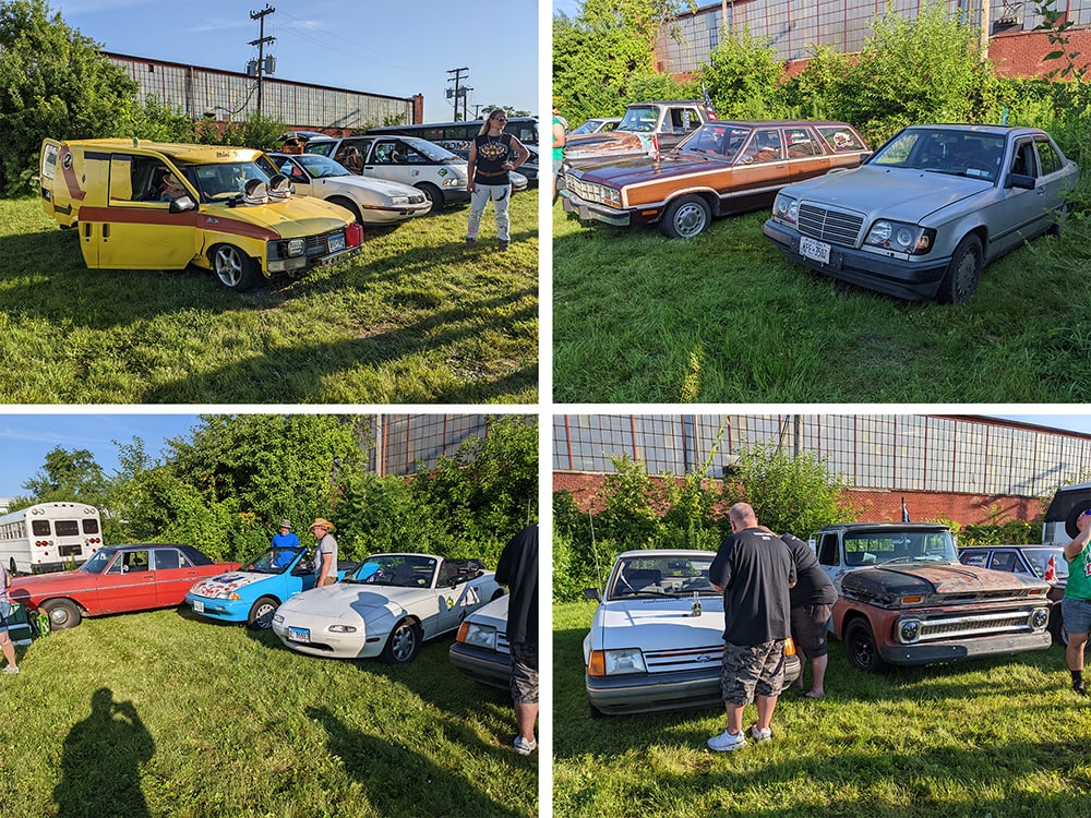 Some of the cars that participated in the rally. The yellow...contraption at the top left is a mini-truck front with a Chevy Astro van rear.