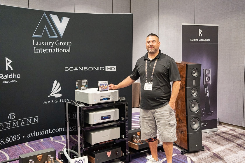 Mike Jaramillo of A/V Luxury Group International. The room featured Esoteric Audio electronics, RSX Technologies cables, Raidho Acoustics speakers, and a Margules i240 pure Class A integrated amp, prototype music server, FZ47DB phono stage, BTV-4 Bluetooth receiver, and QR-2 power conditioner.