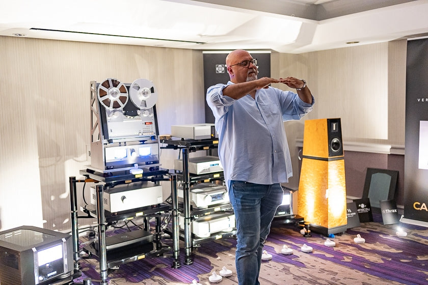 Oz Turan of High-End by oz, holding court during one of his great after-hours reel-to-reel listening parties. This night was his birthday, so many attendees felt it would be rude not to sing to him, as well as make toasts.