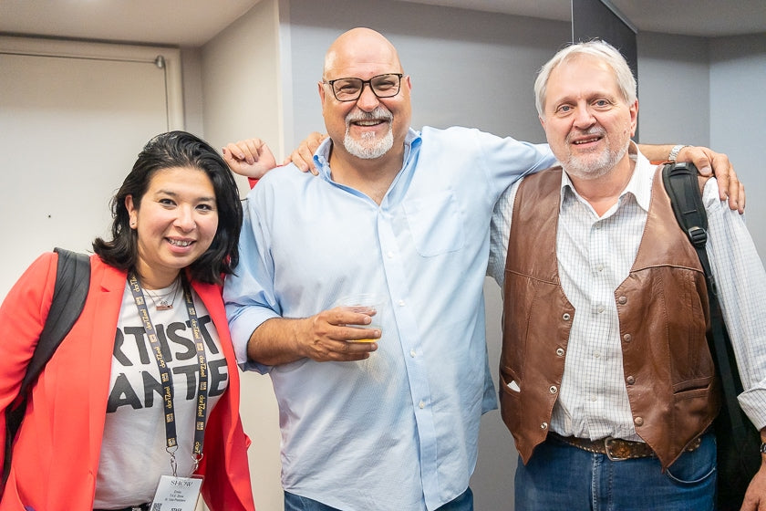 Emiko Carlin, co-organizer of T.H.E. Show, with Oz Turan of High-End by Oz, and Maurice R. H. Jung, the other T.H.E. Show co-organizer.