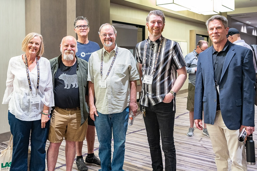 A gathering of audio cognoscenti: Charlene Gray (Cohearent Audio), Jamie Howarth (Plangent Systems), Kevin Gray (Cohearent Audio), Mitch Anderson (eCoustics), and Shane Buettner (AudioQuest, Intervention Records).