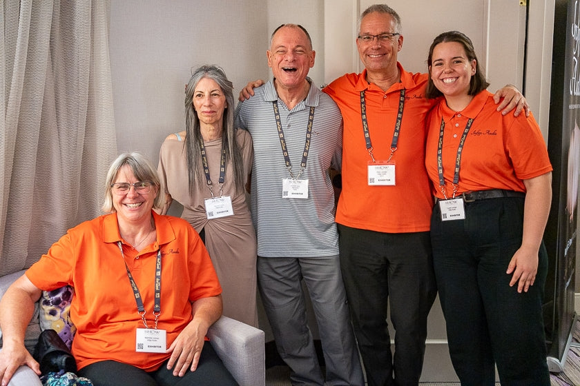 The Infigo Audio room was full of family warmth. Here's Mathilda Looman (Infigo Audio), Maryann and Michael Levy (Alta Audio), and Hans and Louise Looman (Infigo Audio).