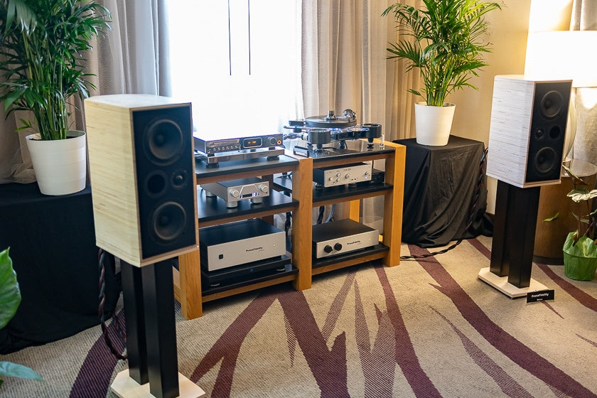 The PranaFidelity room was a favorite, featuring their Dhara speakers, and electronics.