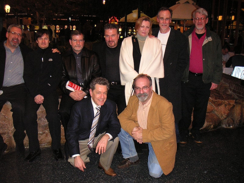 CES 2005 dinner at Chin Chin. Back row (L - R): Aragon's Paul Rosenberg, Keith Tonge of PMC, Rich, David V Day, Heike Becker of AudioValve, Joe Harley of AudioQuest, and Frank Doris, with Michael Fremer and me at the front, on our knees like all good journalists. Courtesy of Ken Kessler.
