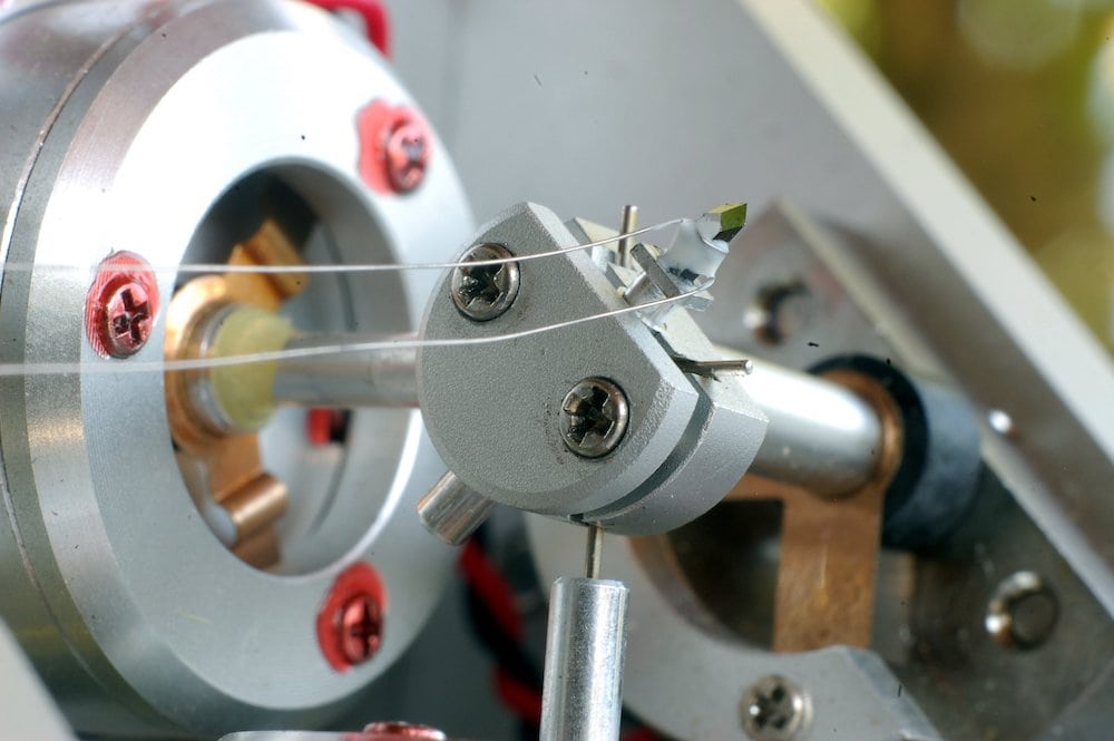 Macrophotography of a Vestax VRX-2000 cutter head, repaired and modified by the author to accept a Neumann-type stylus. Courtesy of Agnew Analog Reference Instruments.