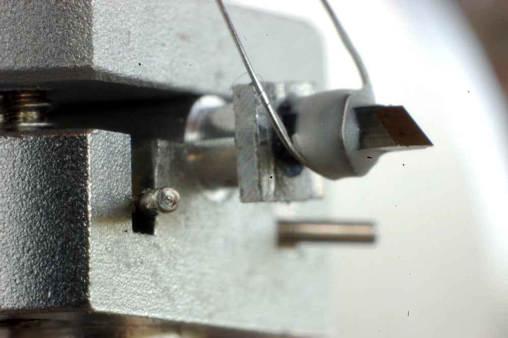 Close-up of the Neumann-type stylus, seated on a modified Vestax VRX-2000 cutter head. Courtesy of Agnew Analog Reference Instruments.