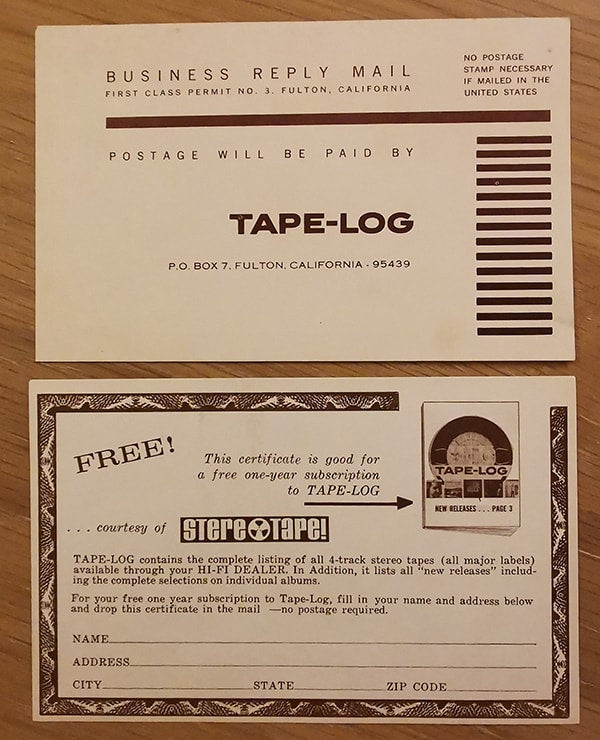 Both sides of the free 1-year subscription coupon for Tape Log which informed readers of new releases.