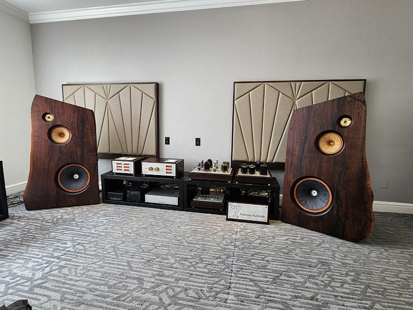 Treehaus Audiolab showed a striking display of speakers and components. Courtesy of Tom Methans.
