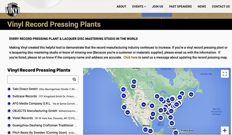 A map of US and Canadian record-pressing plants. Courtesy of Making Vinyl.com.