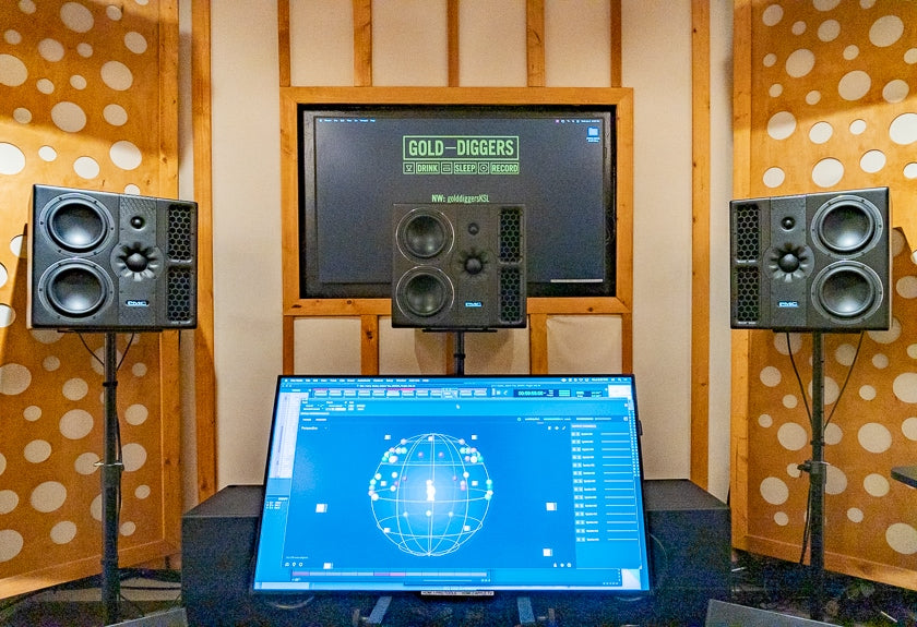 The computer display in Gold-Diggers showing the location of audio sources in the studio. The software is 360 WalkMix Creator developed by Audio Futures, that can be used with most digital audio workstations.