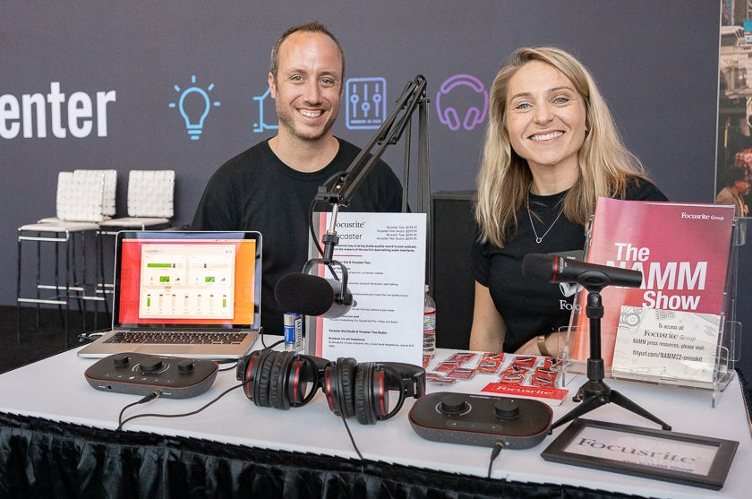 Focusrite had some wonderful new tools for podcasting. Here, John DiNicola and Hannah Bliss show off their new line of Vocaster products.