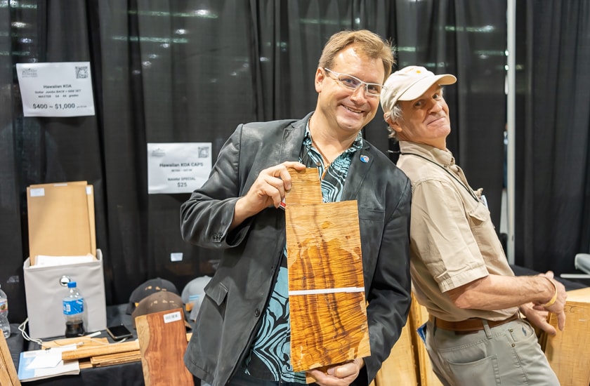 The fine gents of Winkler Woods, showing off their stock of hand-picked specialty woods for sale to instrument makers.