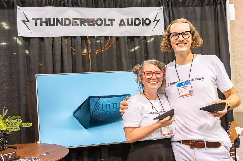 Sophia Samons and Daniel Shinall of Thunderbolt Audio. Their Little Wedgie is a rubber wedge to keep onstage monitors at the right angle.