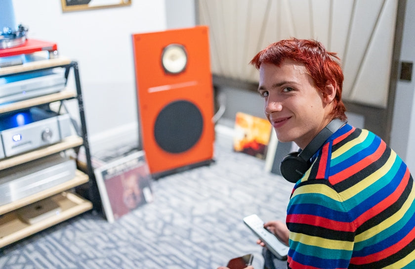 Frankie Schramm grooving to the tunes in the Pure Audio Project room. After hearing “U.G.K,” a track from Lucki/F1lthy, Frankie decided this was one of his favorite systems.