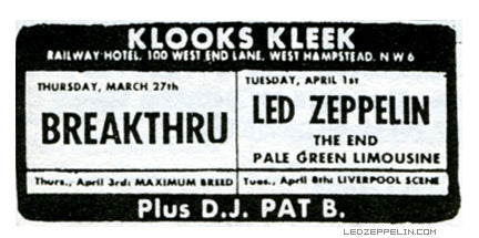 Ad for Led Zeppelin's appearance at Klooks Kleek. Courtesy of Wikimedia Commons/public domain.